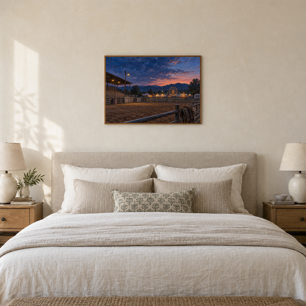 The County Fair at Dusk western oil painting displayed in a family guest room
