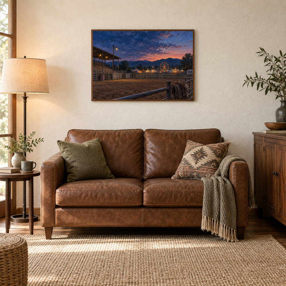 The County Fair at Dusk western oil painting displayed in a reading room
