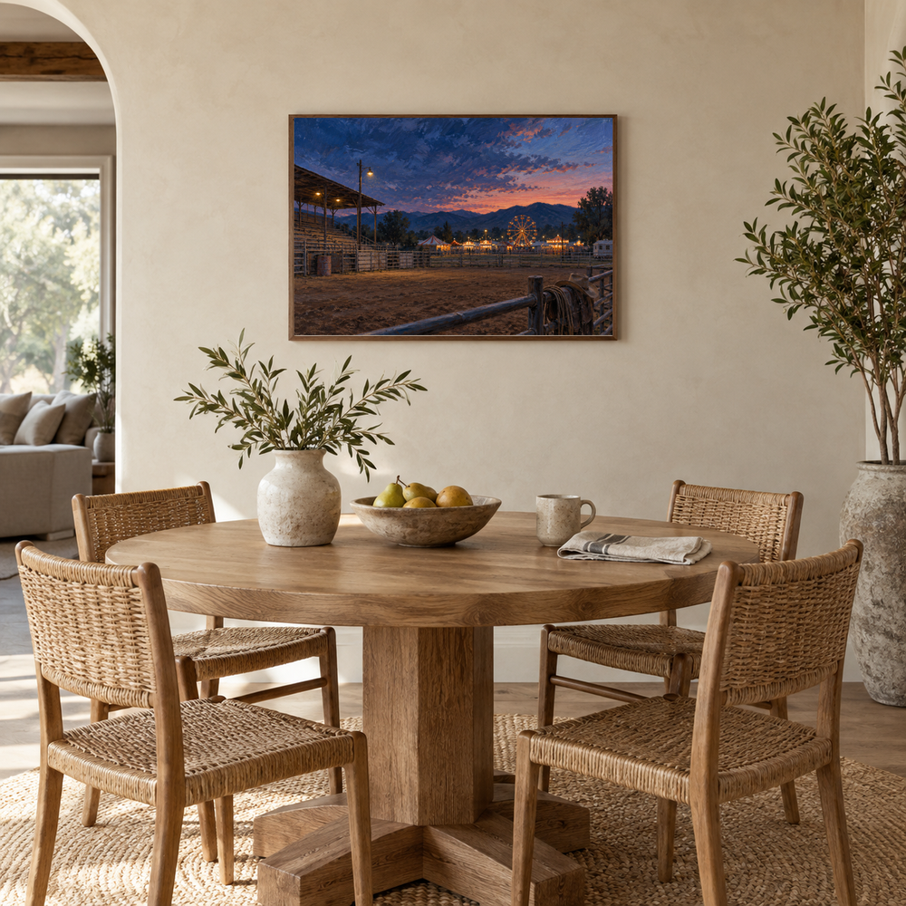 The County Fair at Dusk western oil painting displayed in a breakfast dining room