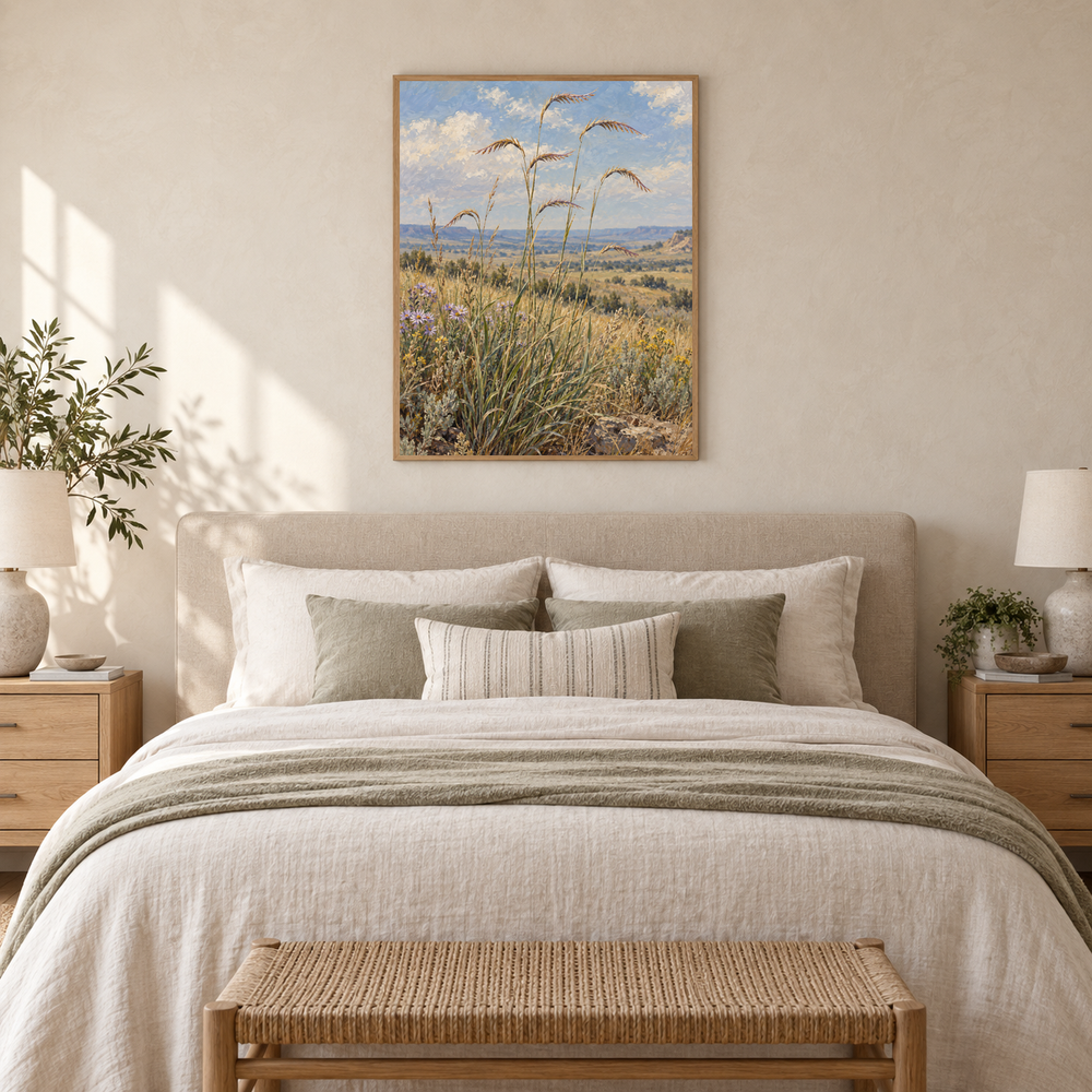 Blue Grama in Bloom Western oil painting displayed in an interior scene 1