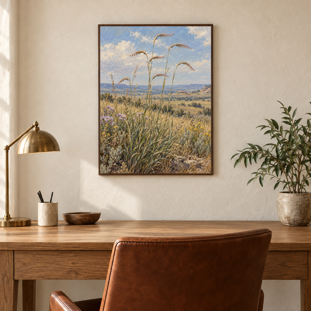 Blue Grama in Bloom Western oil painting displayed in an interior scene 4