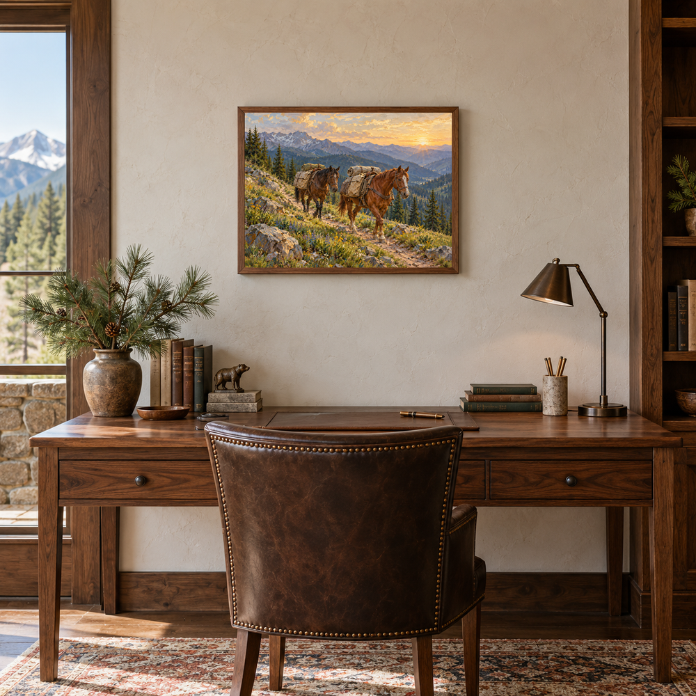 Packing Out at Sunrise Western oil painting displayed in an interior scene 1