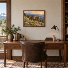 Packing Out at Sunrise Western oil painting displayed in an interior scene 1