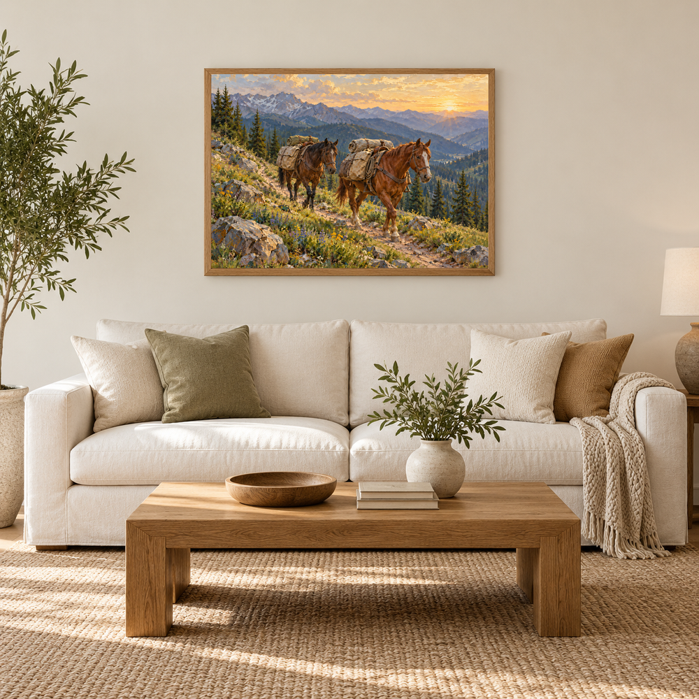 Packing Out at Sunrise Western oil painting displayed in an interior scene 2