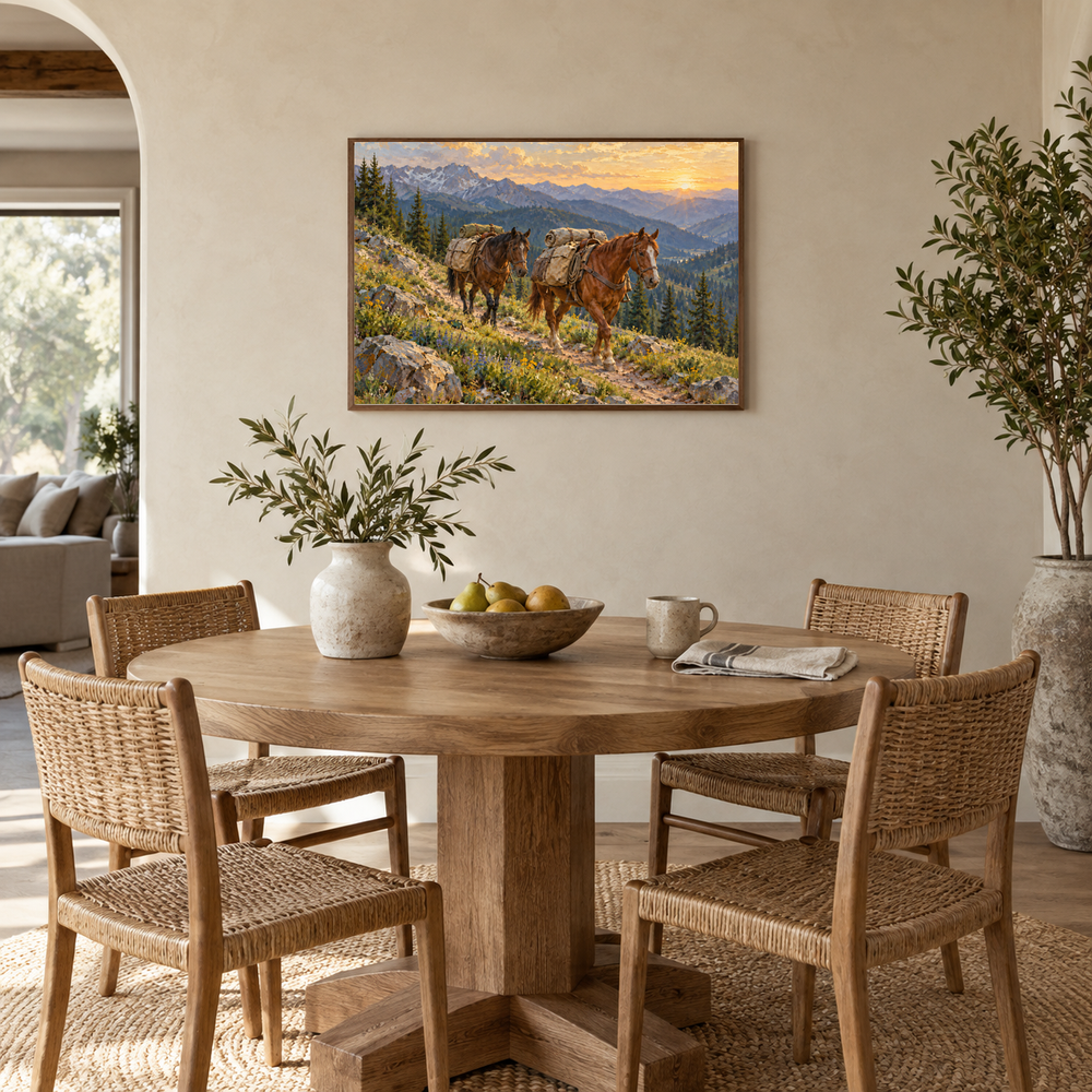 Packing Out at Sunrise Western oil painting displayed in an interior scene 4