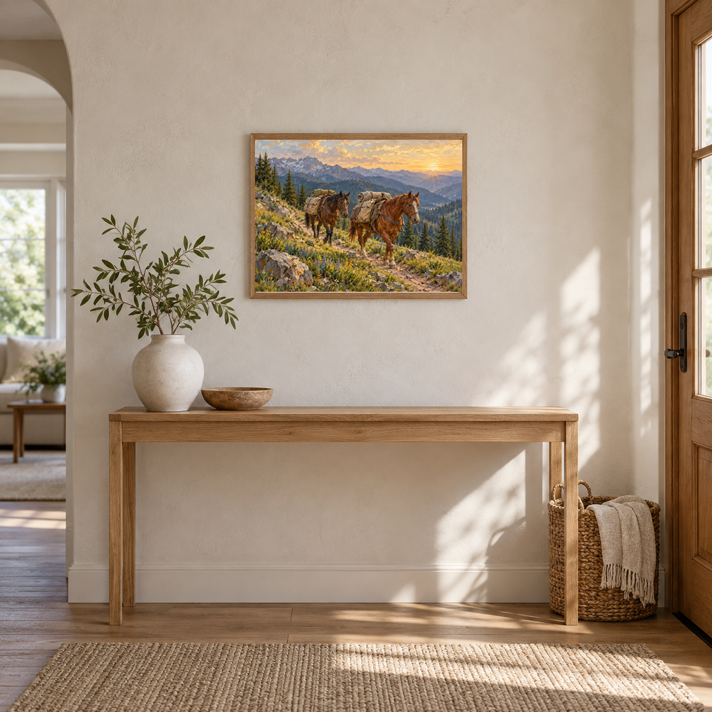 Packing Out at Sunrise Western oil painting displayed in an interior scene 5