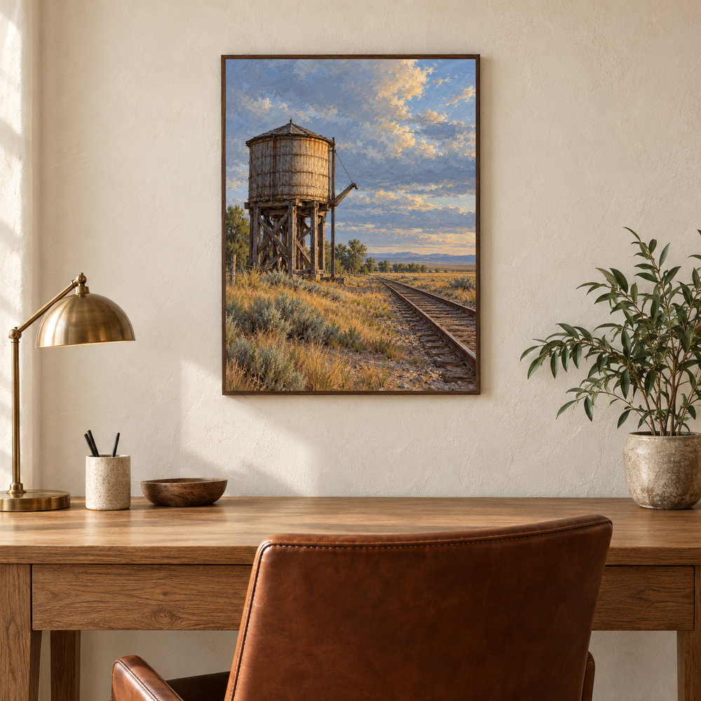 The Water Tower Western oil painting displayed in an interior scene 5