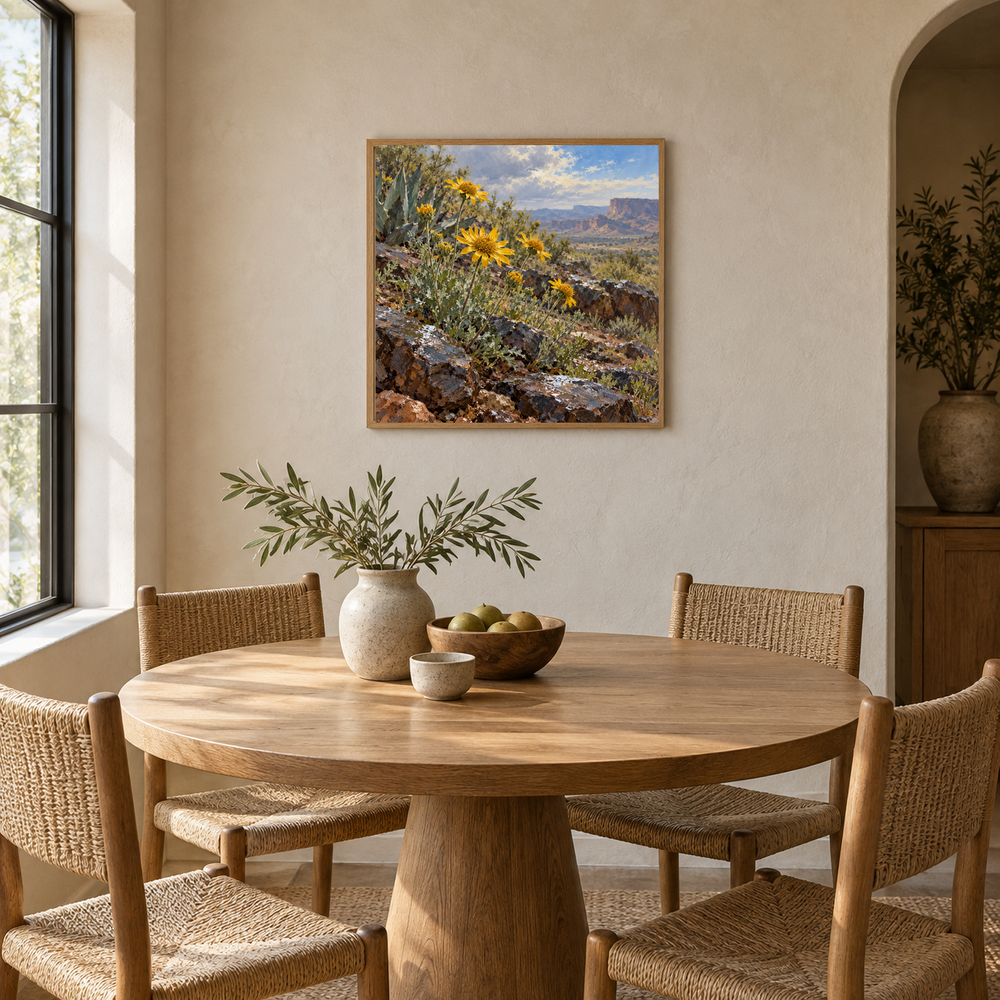Desert Marigold after Rain Western oil painting displayed in an interior scene 1