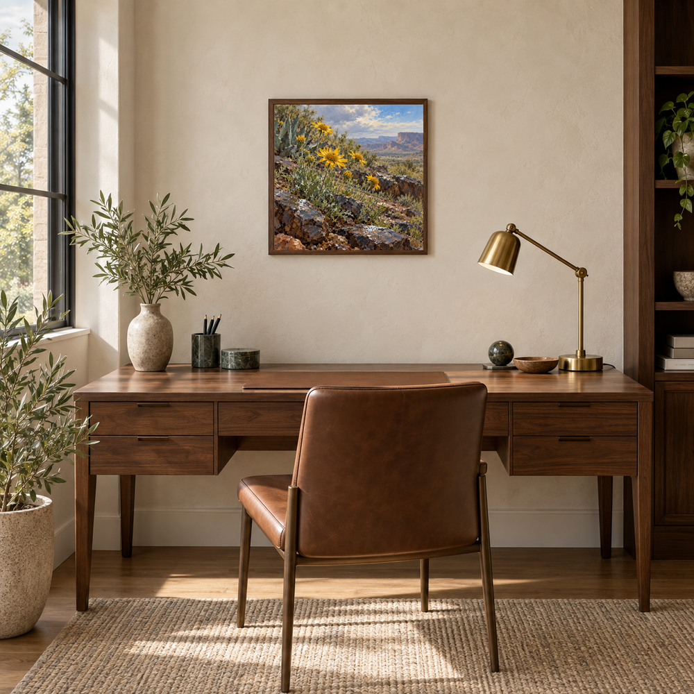 Desert Marigold after Rain Western oil painting displayed in an interior scene 4