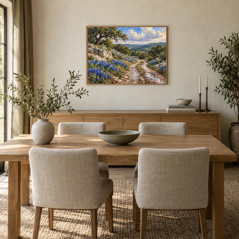 Bluebonnet Road after Rain Western oil painting displayed in an interior scene 3