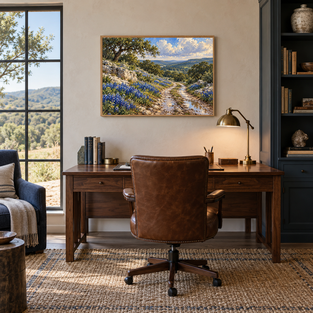 Bluebonnet Road after Rain Western oil painting displayed in an interior scene 4