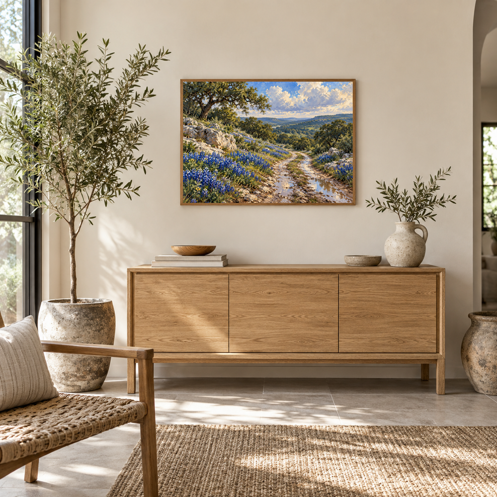 Bluebonnet Road after Rain Western oil painting displayed in an interior scene 5