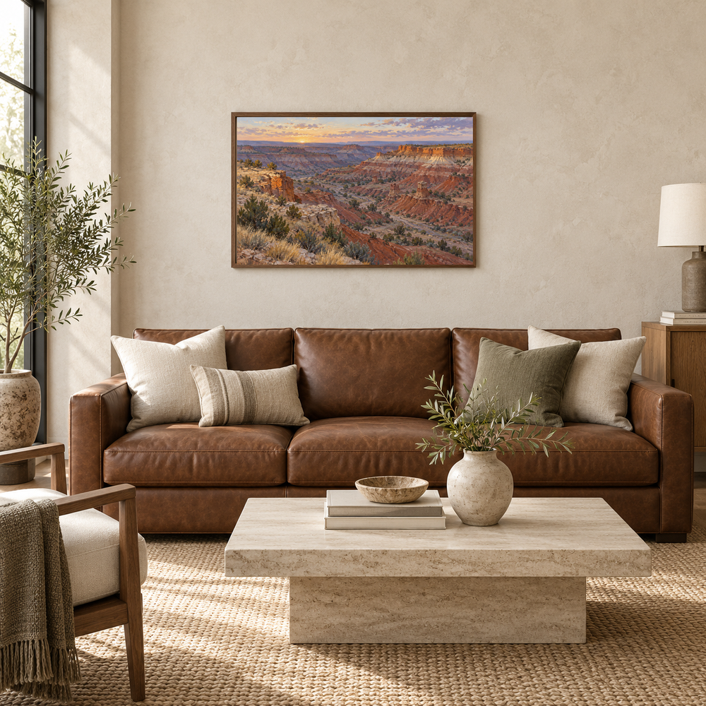 Palo Duro at First Light Western oil painting displayed in an interior scene 1