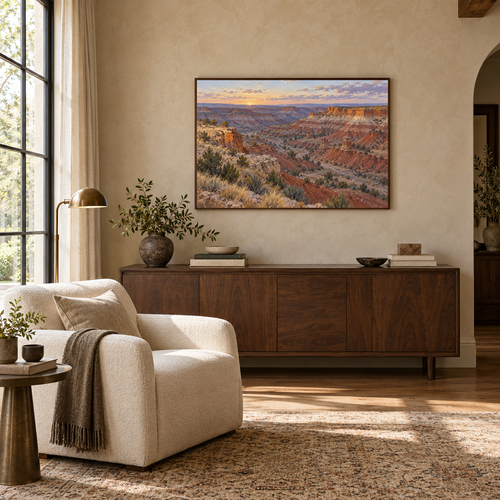 Palo Duro at First Light Western oil painting displayed in an interior scene 5