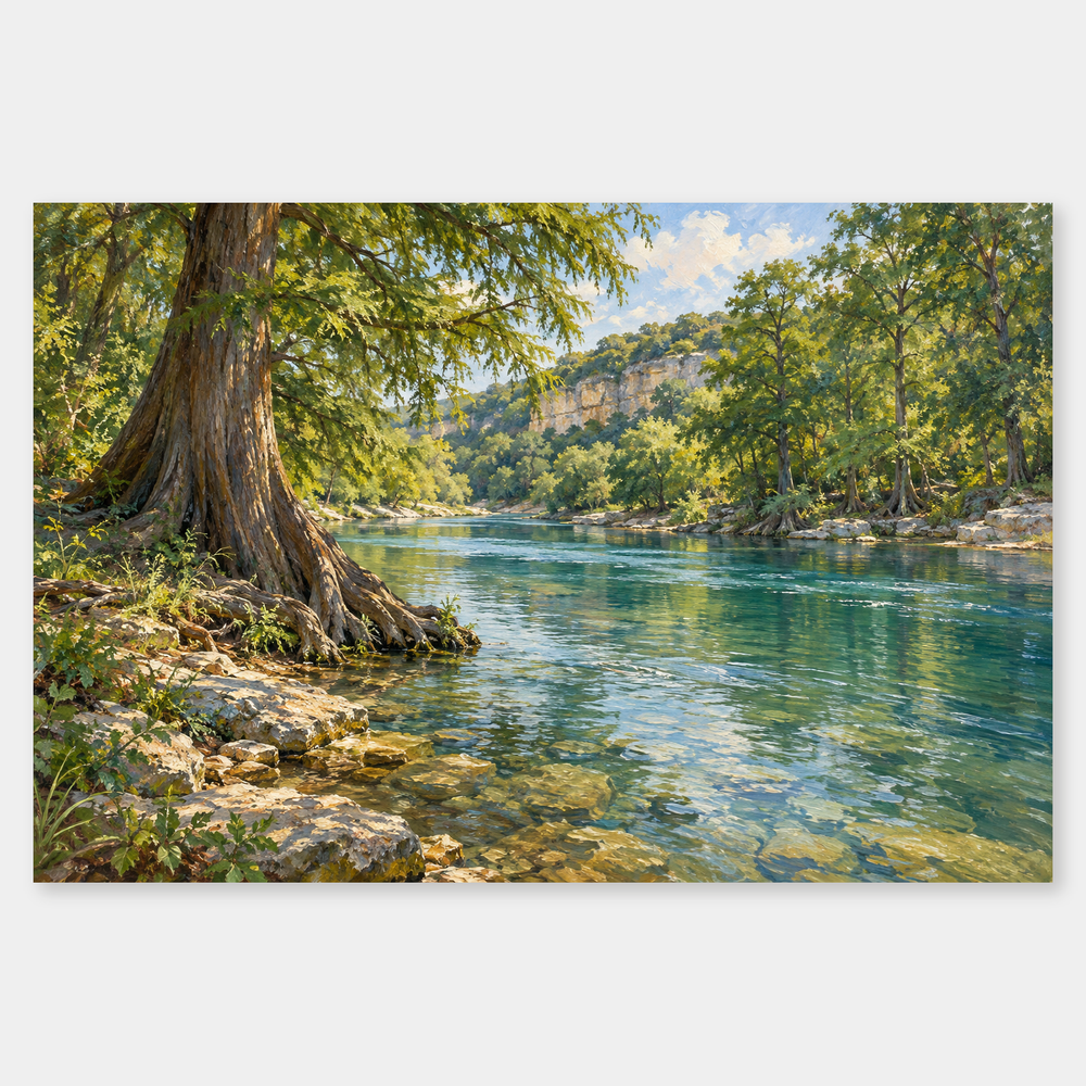 Cypress Bend on the Guadalupe oil-style Texas river landscape with cypress and clear water