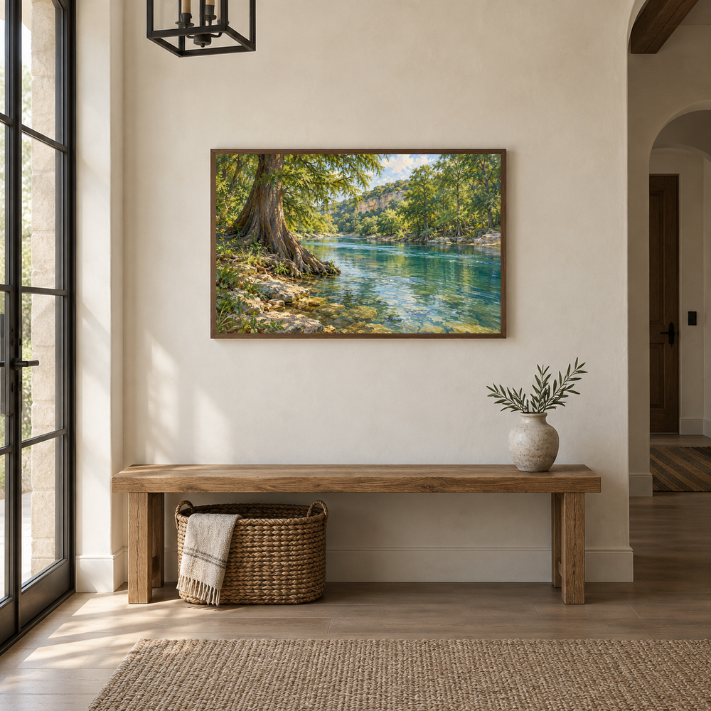 Cypress Bend river landscape above a simple oak entry console