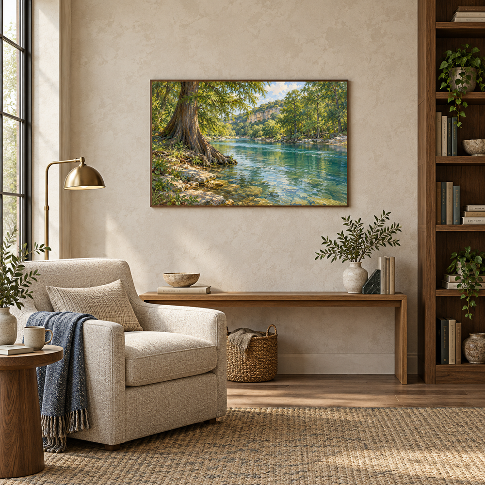 Texas cypress river landscape above a reading nook console