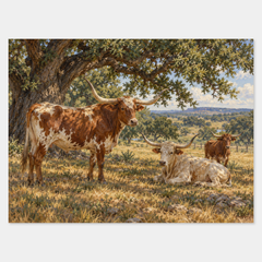 Longhorns beneath the Live Oaks oil painting on a neutral gray background