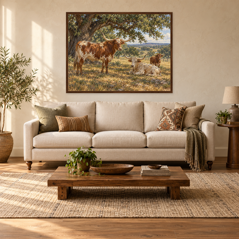 Longhorns beneath the Live Oaks in a sunlit ranch living room