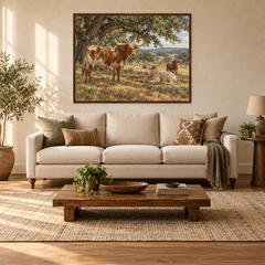 Longhorns beneath the Live Oaks in a sunlit ranch living room