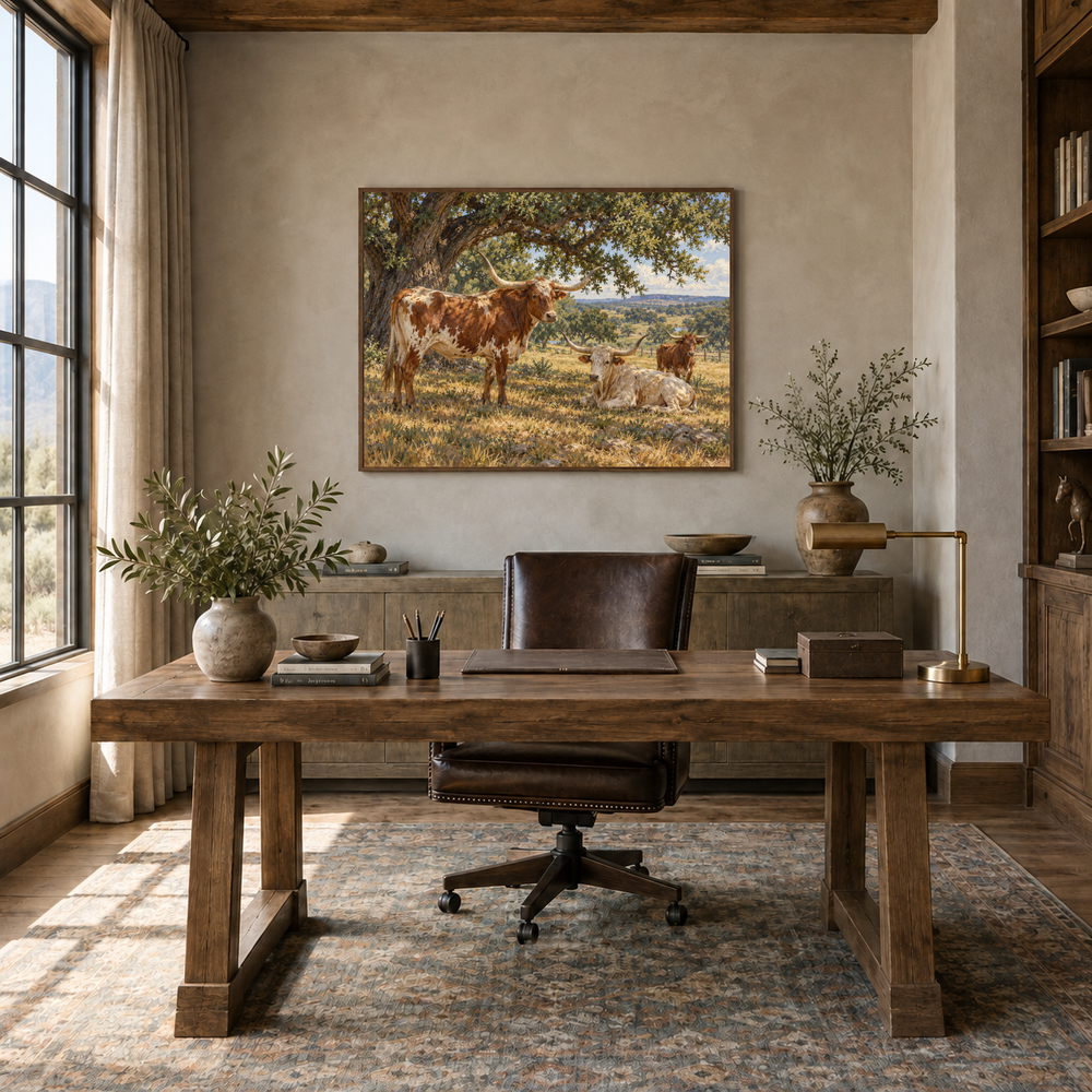Longhorns beneath the Live Oaks displayed in a walnut furnished ranch study