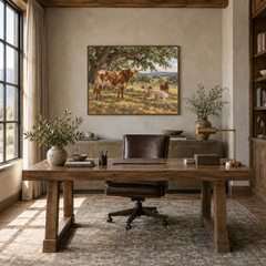 Longhorns beneath the Live Oaks displayed in a walnut furnished ranch study