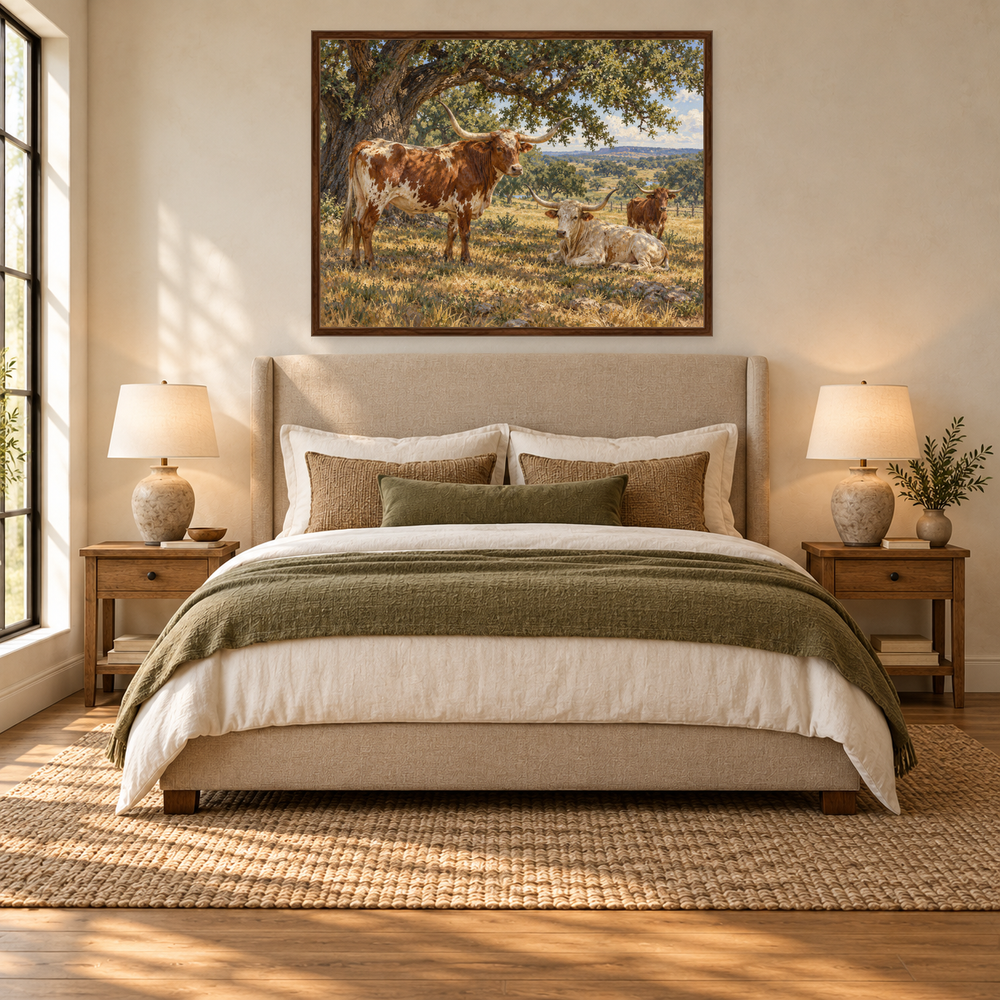 Longhorns beneath the Live Oaks above a complete bed in a calm, sunlit ranch bedroom