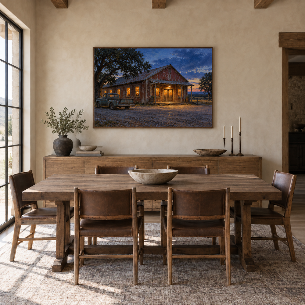Last Light at the Dance Hall displayed in a timber dining room