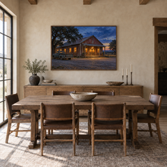 Last Light at the Dance Hall displayed in a timber dining room