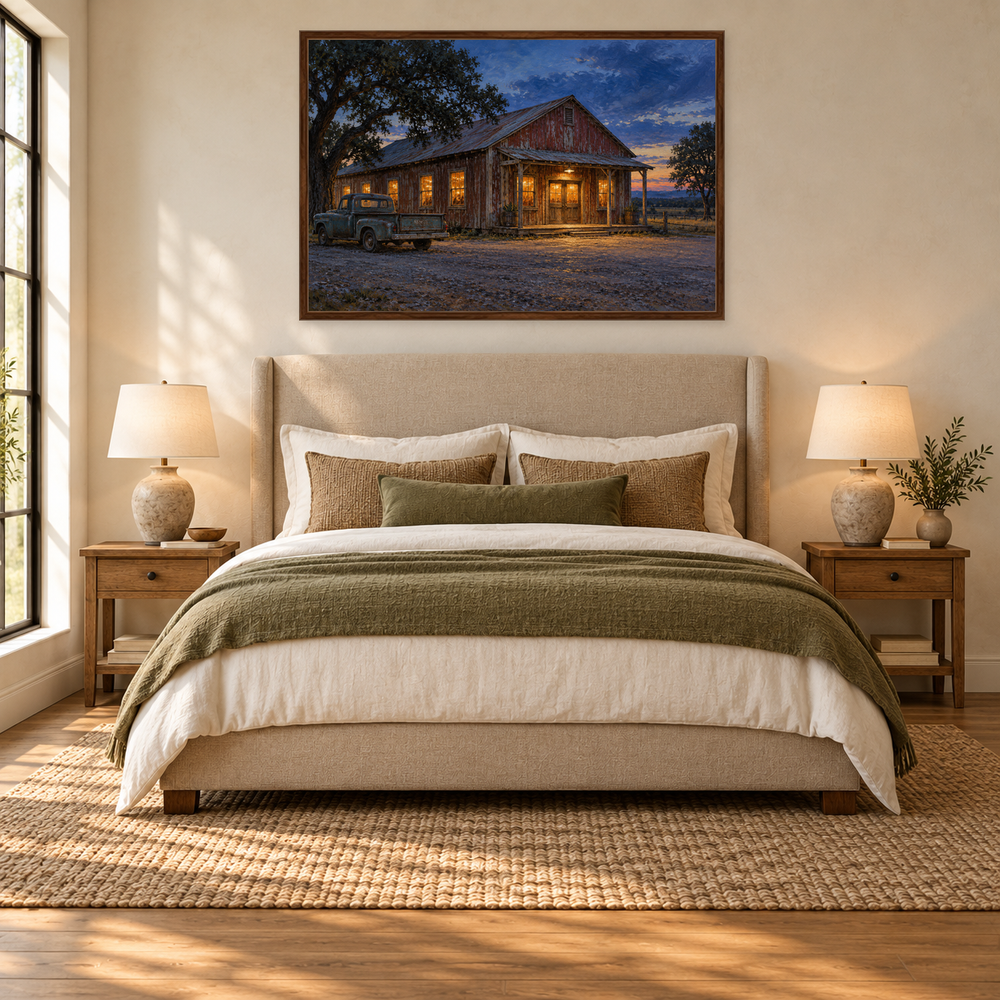 Last Light at the Dance Hall in a linen furnished bedroom