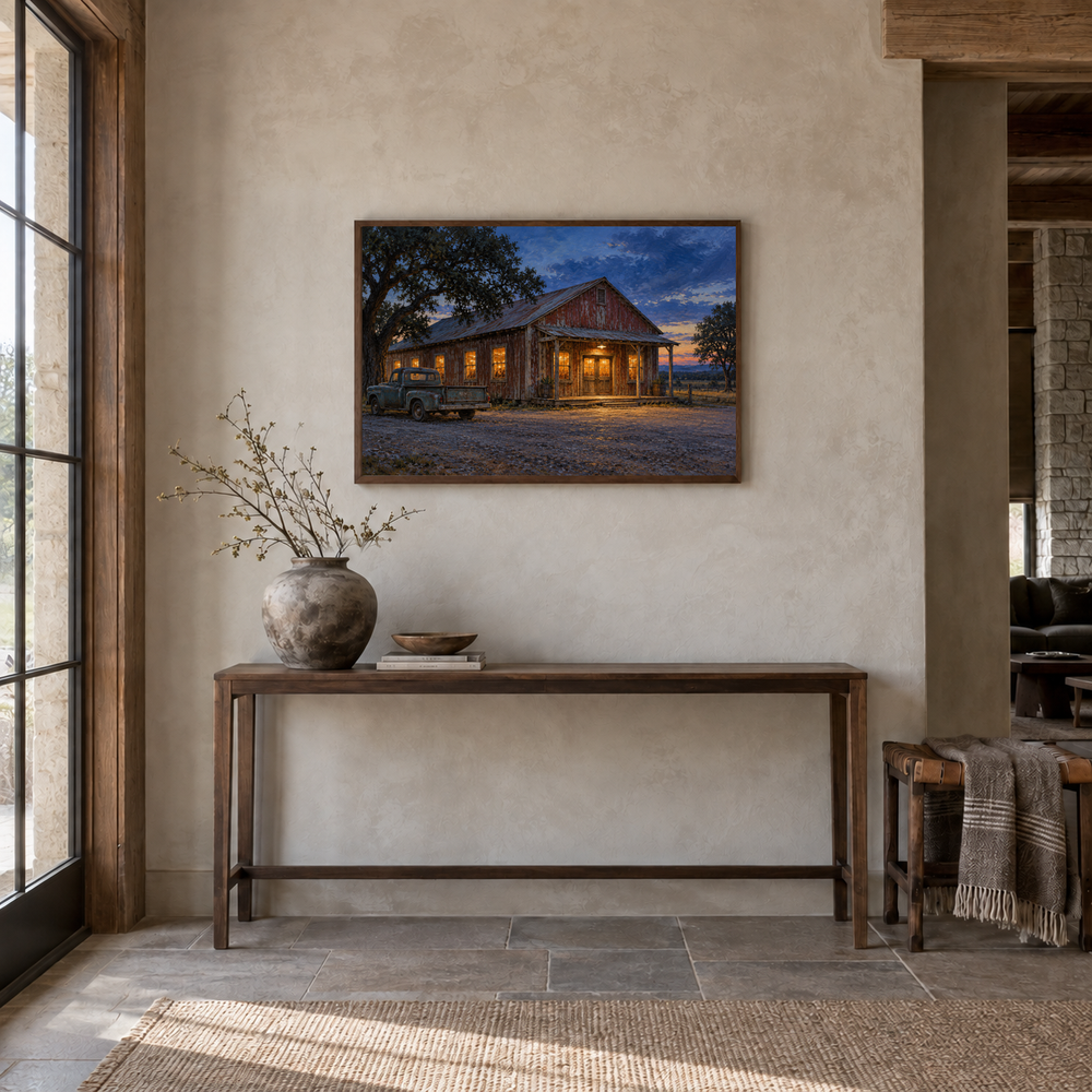 Last Light at the Dance Hall displayed above an oak console in an entryway