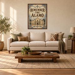 Remember the Alamo above a cream linen sofa in a ranch sitting room