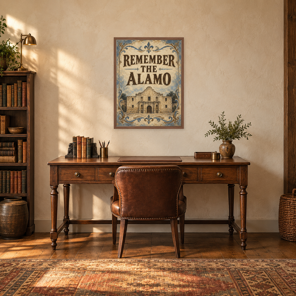 Remember the Alamo above a writing desk in a timber home study
