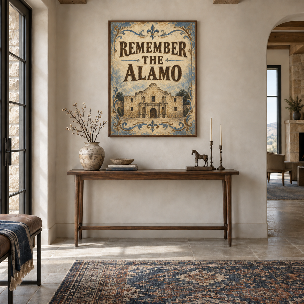 Remember the Alamo displayed in a oak console entryway