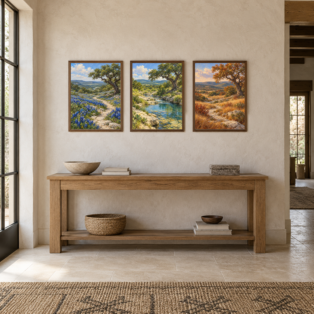 The Texas Hill Country in Three Seasons displayed in a oak console entryway