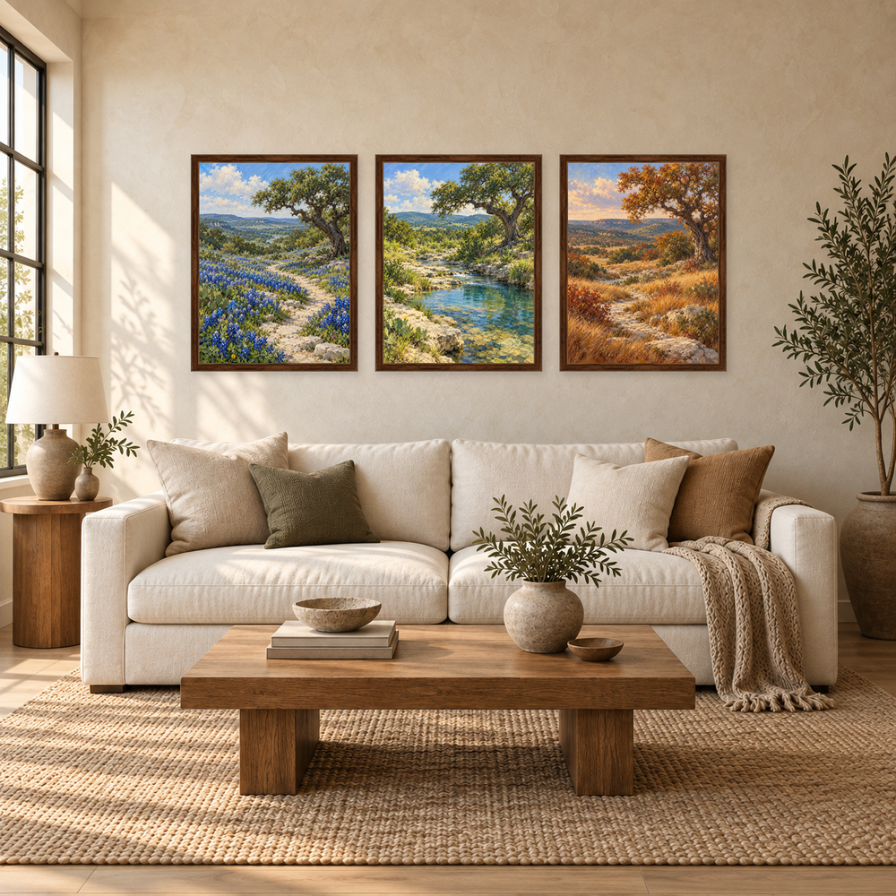 The Texas Hill Country in Three Seasons in a neutral linen living room