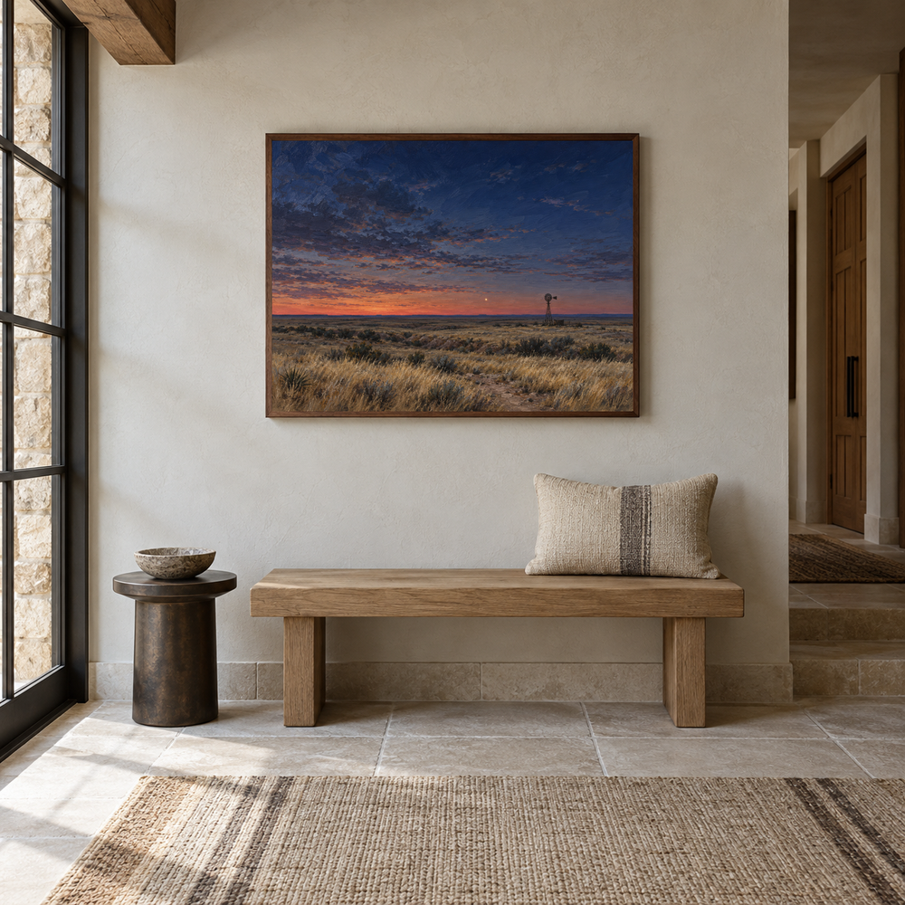 Lone Star Over the Llano displayed in a entryway above an oak bench