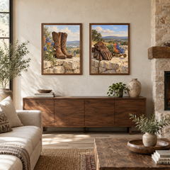 Western boots and spur wall art set displayed above a living room sofa