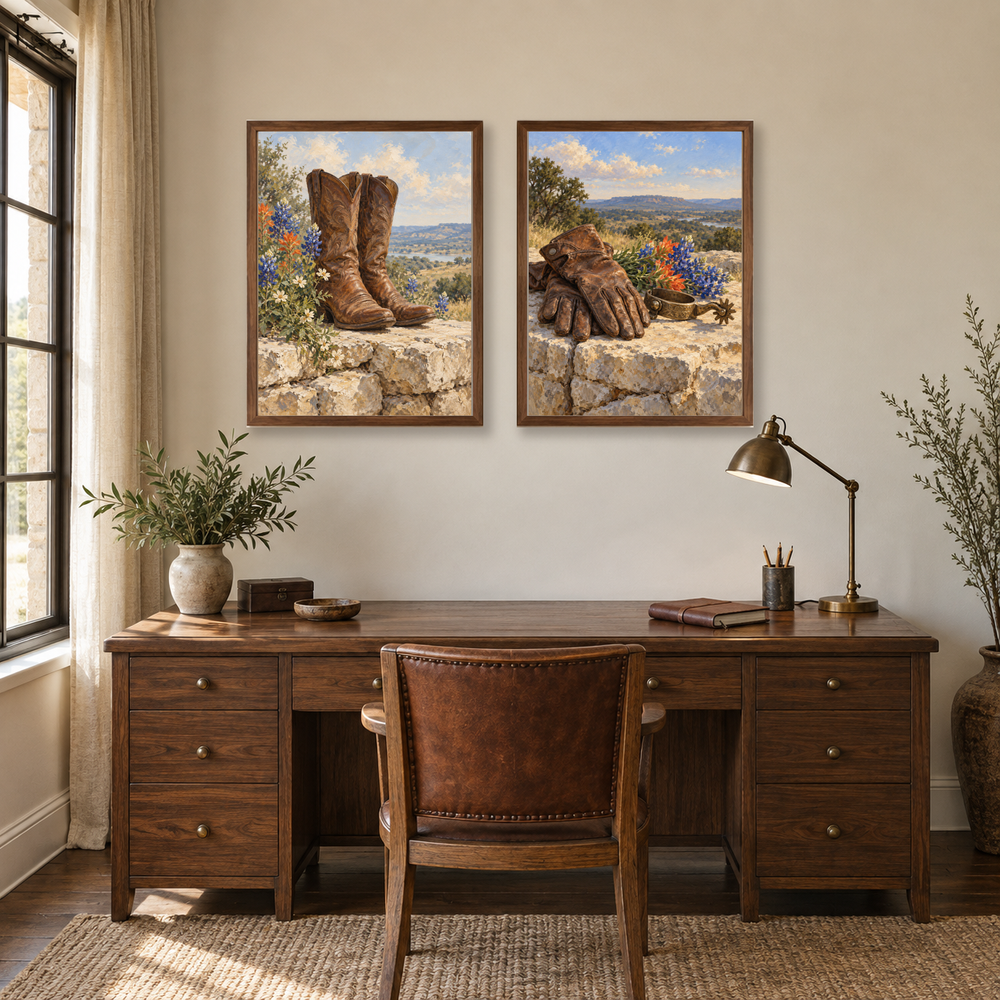 Western boots and hat art set in a dining room