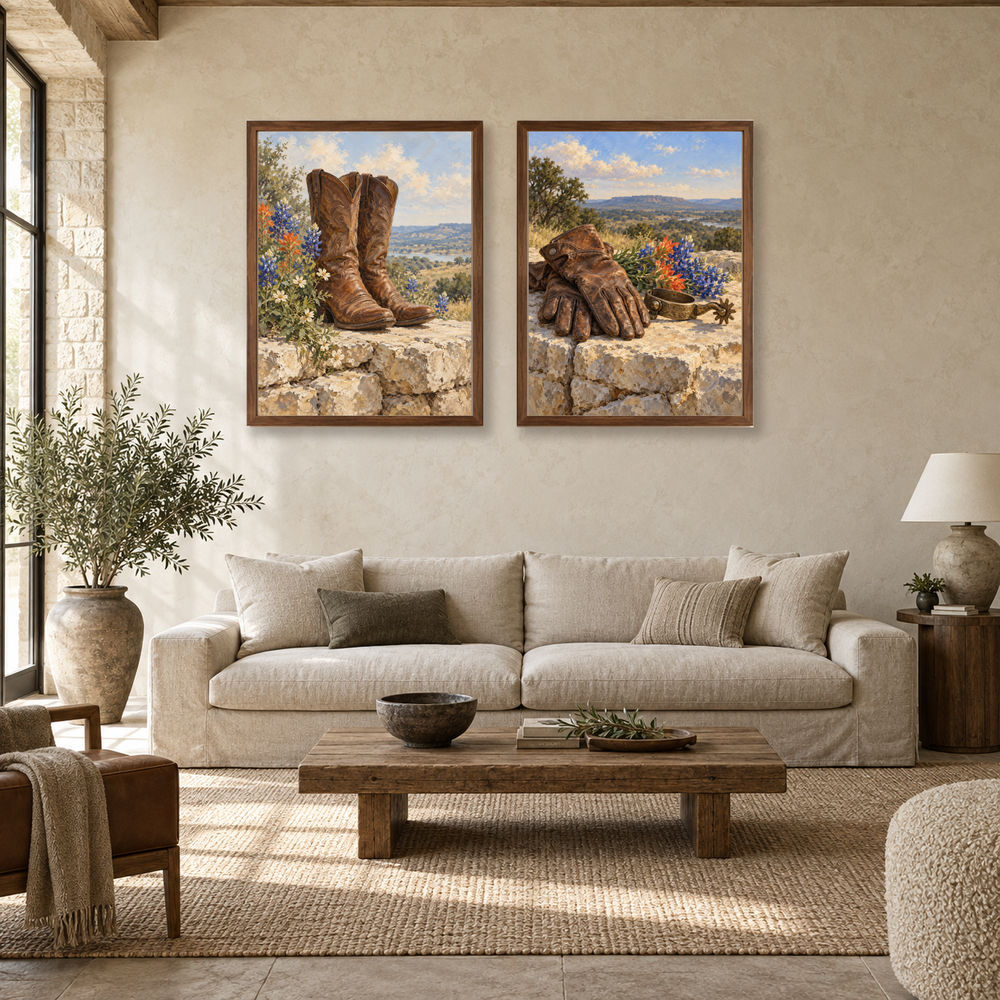 Western oil painting set above a guest-room sofa