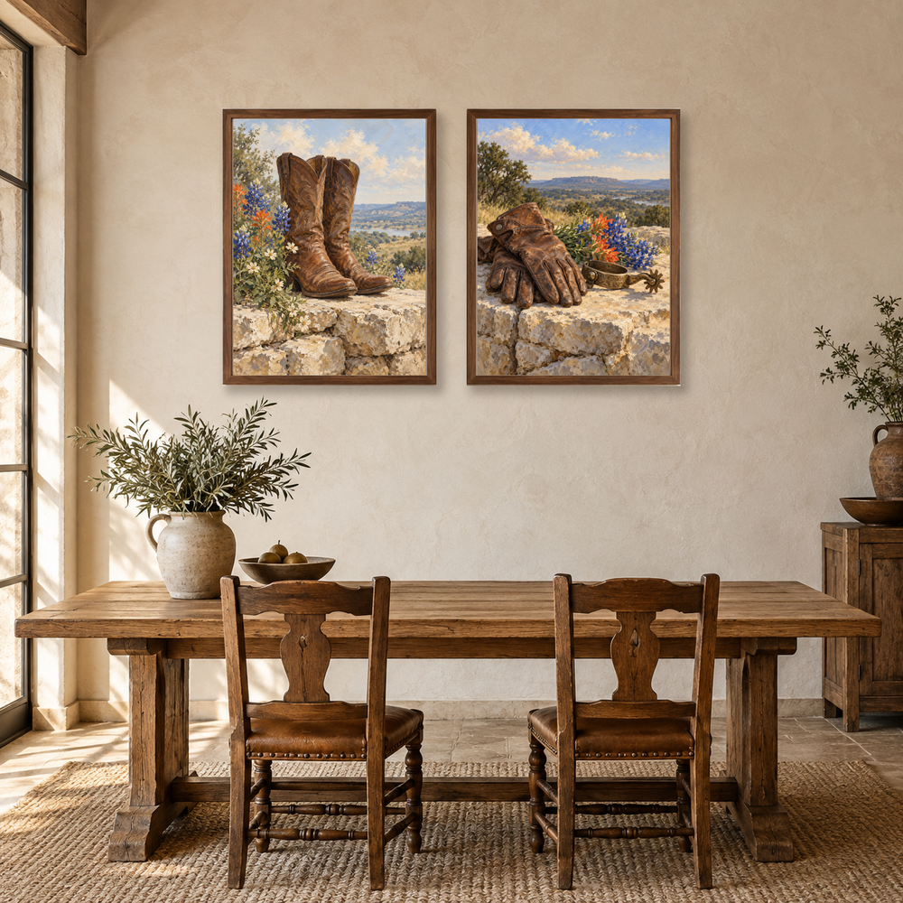Western wall art set above a walnut console
