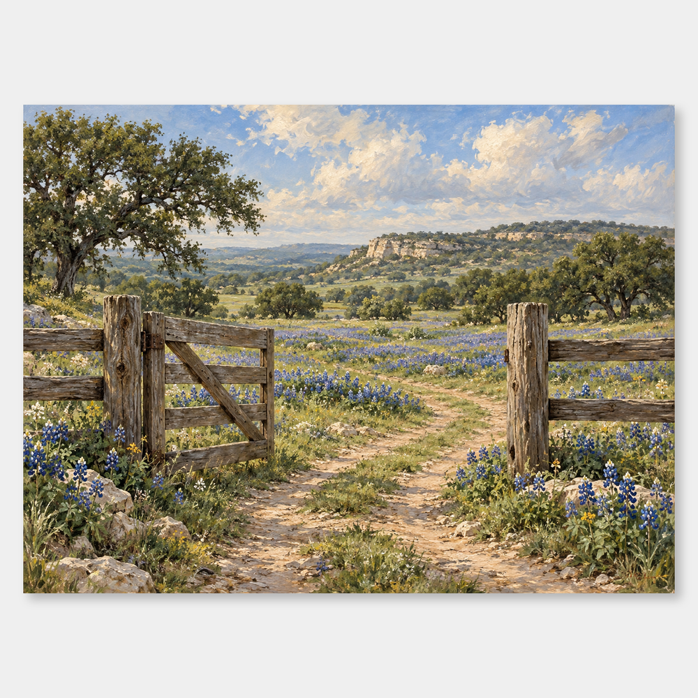 Bluebonnet Prairie Gate - Western Landscape Wall Art oil painting Western wall art