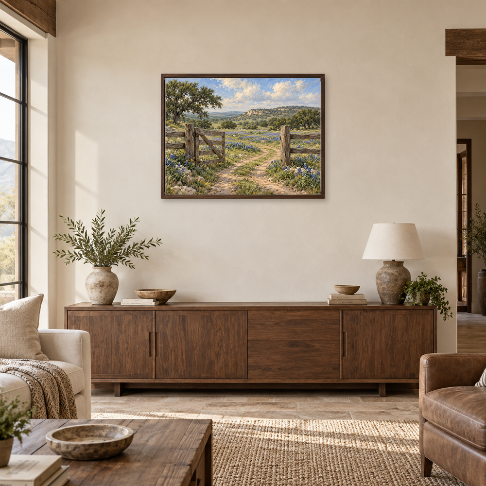 Bluebonnet prairie gate oil painting above an entry console