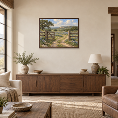 Bluebonnet prairie gate oil painting above an entry console