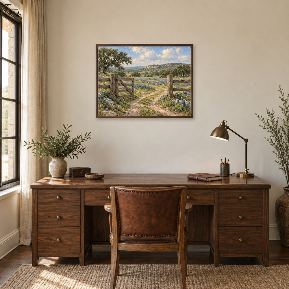 Texas landscape oil painting in a quiet living room