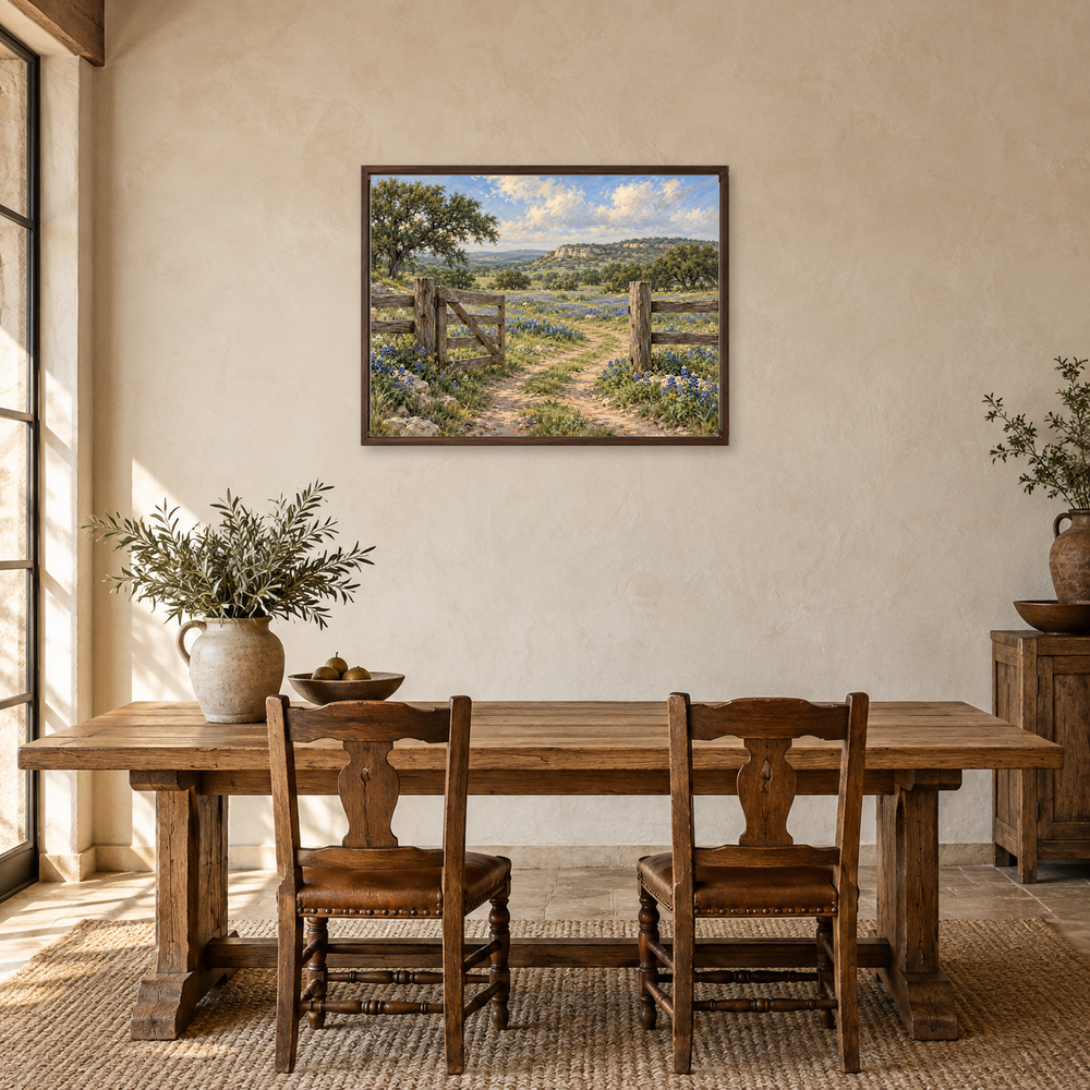 Bluebonnet gate wall art in a bright dining room