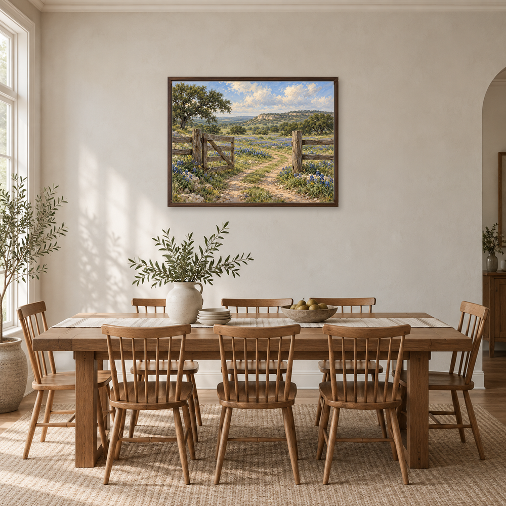Western landscape art above an entry bench