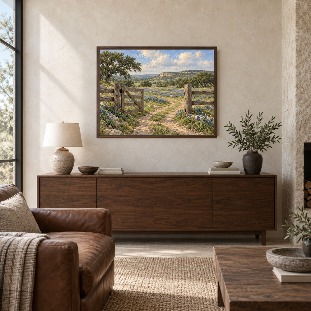 Prairie gate oil painting in a dining room