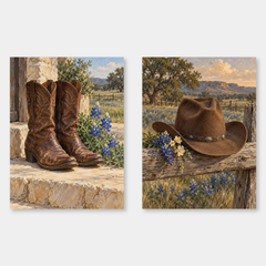 Boots and Hat in Bloom - Rustic Western Wall Art Set of 2 oil painting Western wall art