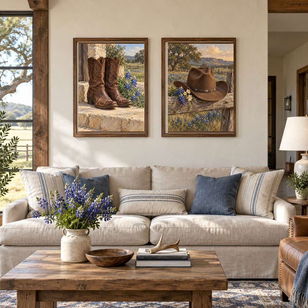 Boots and hat Western art set above a living room sofa